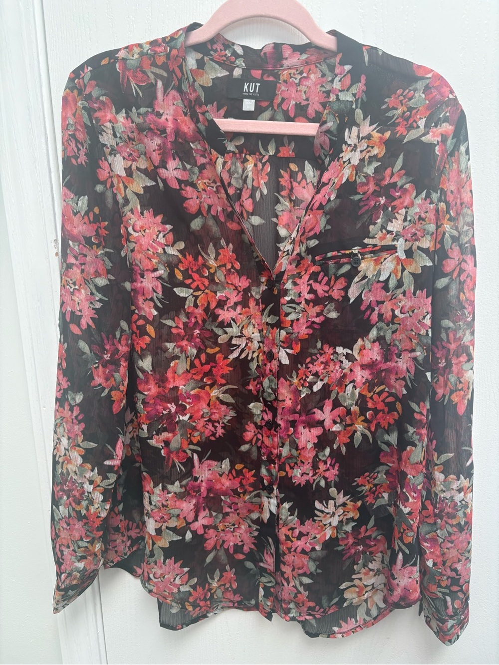 Kut from the Kloth Floral V-Neck Button-Front Blouse in Black with Pink Floral